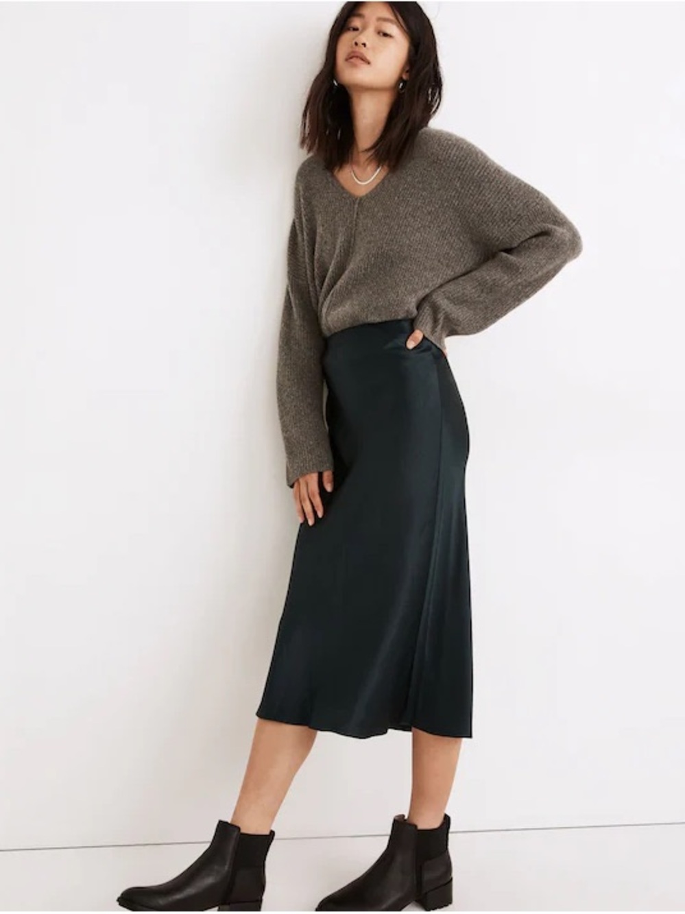 Madewell Satin Midi Slip Skirt in Dark Smoke